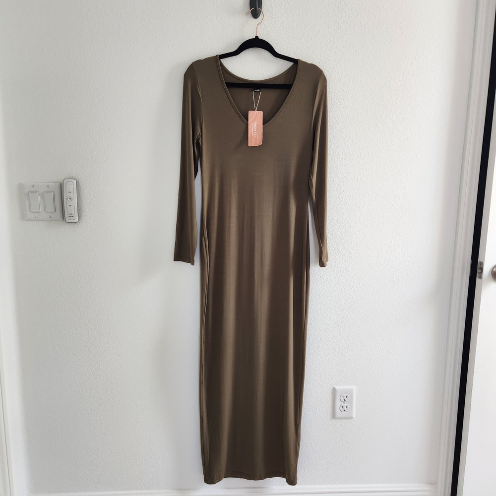 Women's Olive green Long Sleeve Maxi Jersey Bodycon Dress size‎ large
